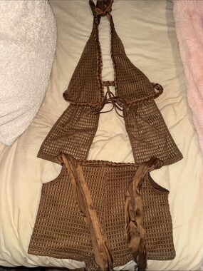 Brown Crochet Halter Top Set